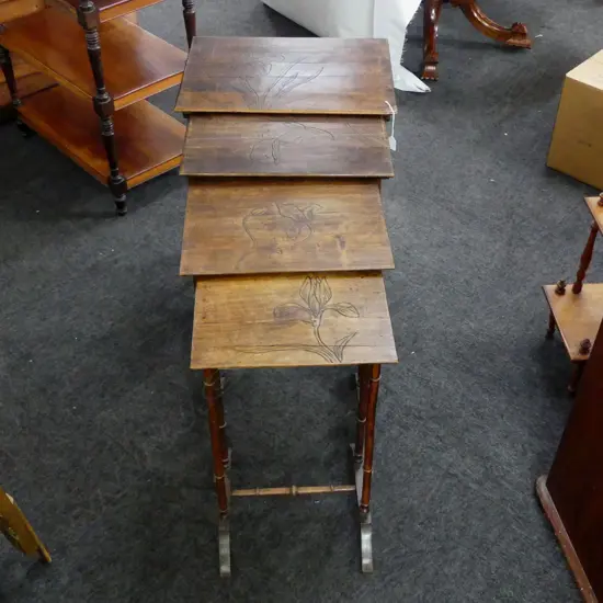 4 WOODEN NESTING TABLES, old borer W.535mm