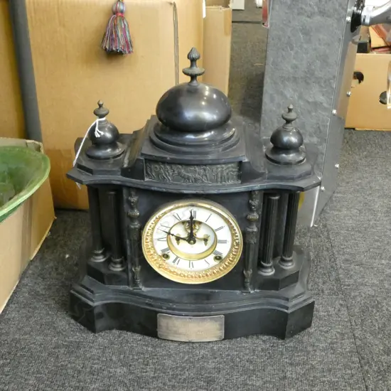 LG BLACK SLATE MANTEL CLOCK, DOMED TOP ABOVE PILLARS WITH PLAQUE:  ‘PRESENTED TO W.R.GOLDEN O.C. NO 10A BY THOSE UNDER H