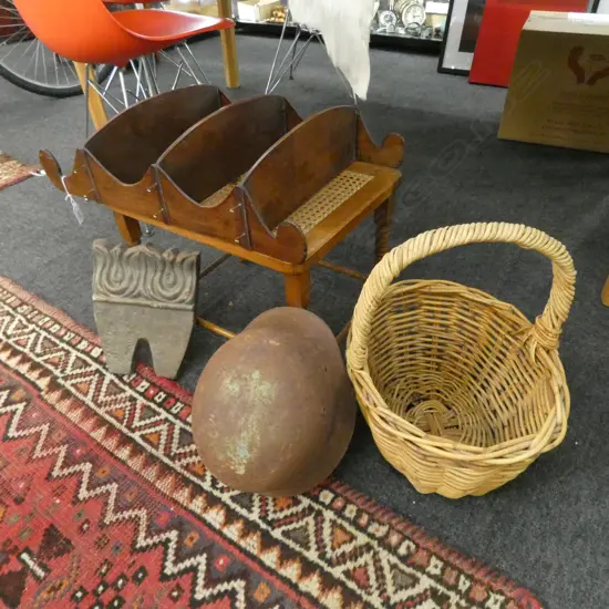 5 PCES; GERMAN METAL HELMET (RUSTED), BASKET, GARDEN TILE, SHELF, CANED STOOL