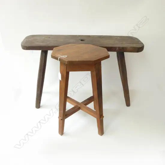 2 WOODEN STOOLS; OCTAGONAL H.420mm, RUSTIC W.720mm