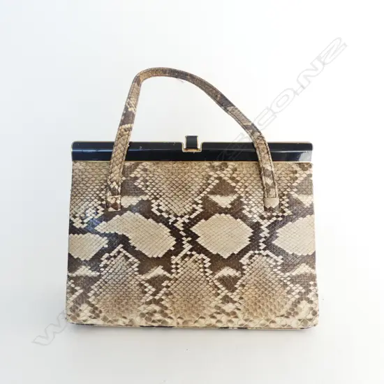 VINTAGE SNAKE SKIN & LEATHER HANDBAG W.260mm WITH HEAD