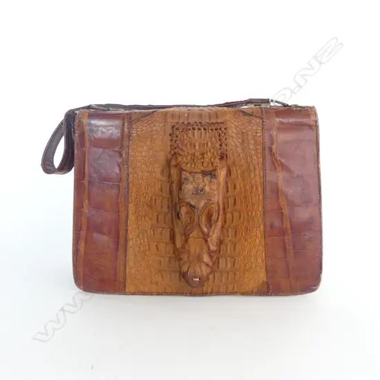 VINTAGE CROCODILE SKIN & LEATHER HANDBAG W.260mm WITH HEAD
