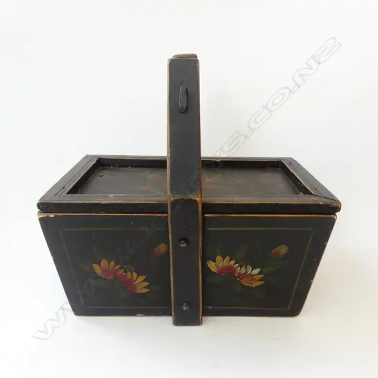 VINTAGE BLACK PAINTED WOODEN LIDDED BASKET W.360mm