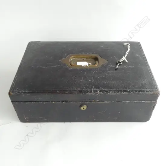 VICTORIAN WORN LEATHER CASED STRONG BOX, NEEDS & Co, LID EMBOSSED 'C. P-T', 405x260x140mm