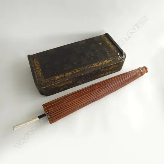 ORIENTAL LACQUER FOLDING GAME BOARD (FAULTS) & JAPANESE UMBRELLA (SOME TEARS)