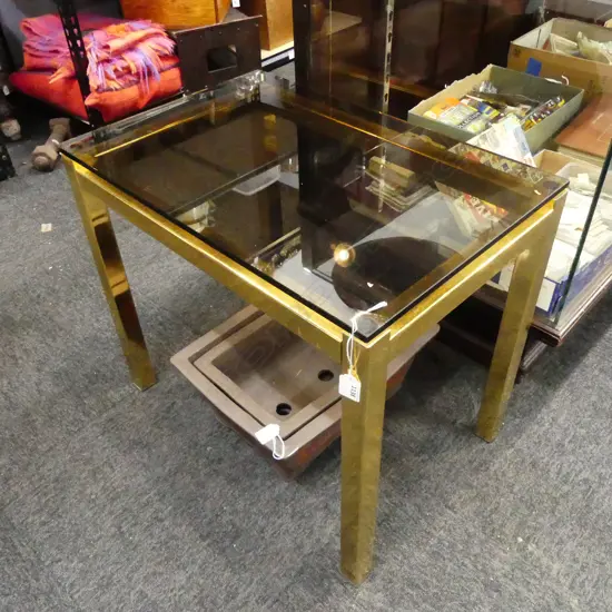 MODERN SIDE TABLE, GOLD METAL FRAME, SMOKEY GLASS TOP 600x400x520mm