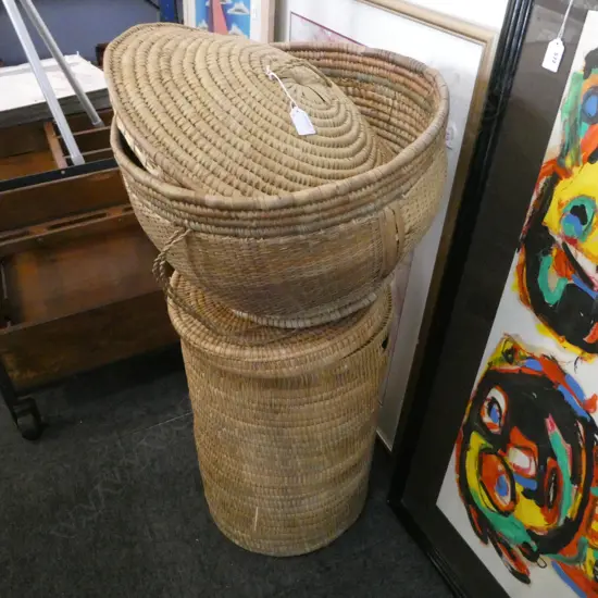 2 LIDDED WOVEN CANE BASKETS H.570mm, other 450mm dia