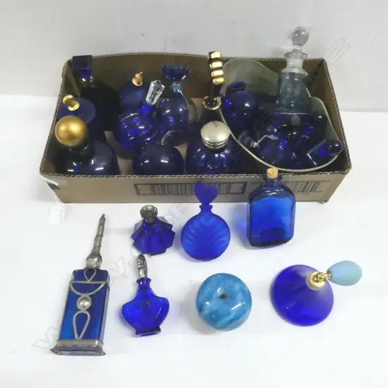 BLUE GLASS PERFUME BOTTLES, APPLES ETC