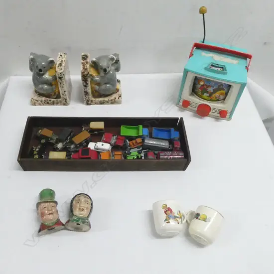 MODEL CARS: FUN HO ETC, 60's TOY TV, PR KOALA BOOKENDS, 2 CROWN LYNN CUPS ETC