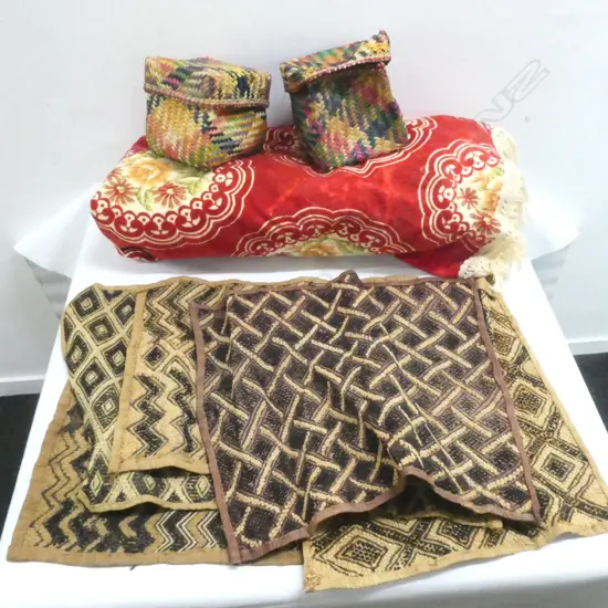 5 PCES AFRICAN CLOTH w. TWO WOVEN SQUARE LIDDED BASKETS & PICNIC RUG
