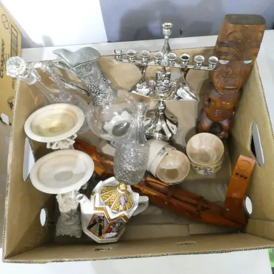 ASST. ITEMS; CARVED WOODEN MAORI CANOE L.540mm, DECANTERS ETC