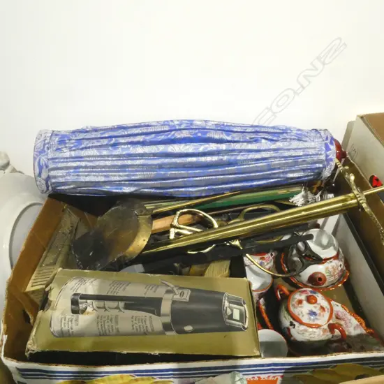 ASST. ITEMS; FIRE TOOLS, ORIENTAL TEA SET & LANTERN ETC