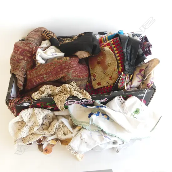 BOX OF INTERESTING VINTAGE FABRICS EMBROIDERIES ETC