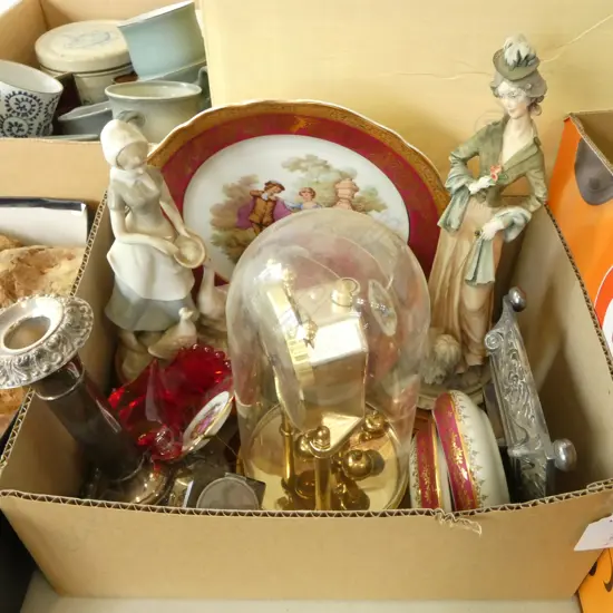 DOME CLOCK, 2 FIGURINES, EP, LIMOGES ETC
