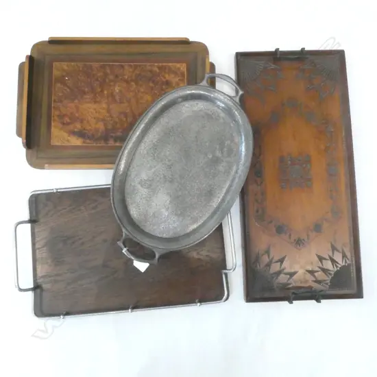 4 VINTAGE TRAYS; 3 WOODEN, 1 PEWTER W.610mm