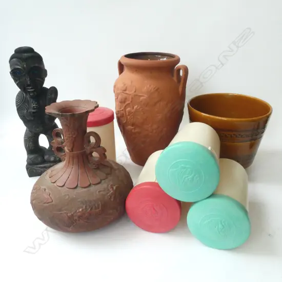 4 PLASTIC AMI TINS, PLANTER, RESIN TIKI, etc