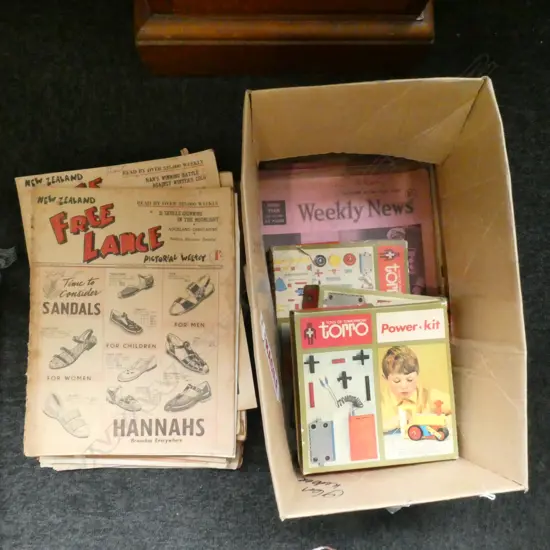 3 BOXES OF TOYS OF TOMORROW POWER KITS & N.Z. PERIODICALS