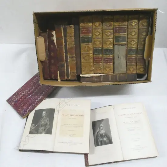 15 ANTIQUE BOOKS; PRESCOTTS WORKS ETC