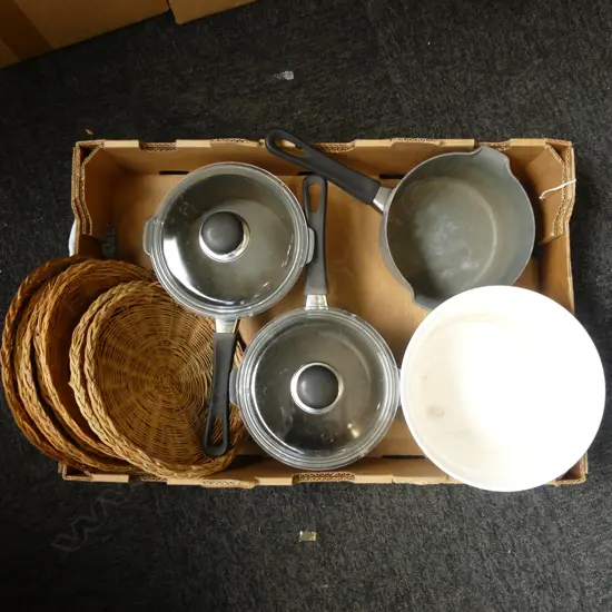 THREE DANISH SCANPAN SAUCEPANS & PLANTER & PLATE HOLDERS