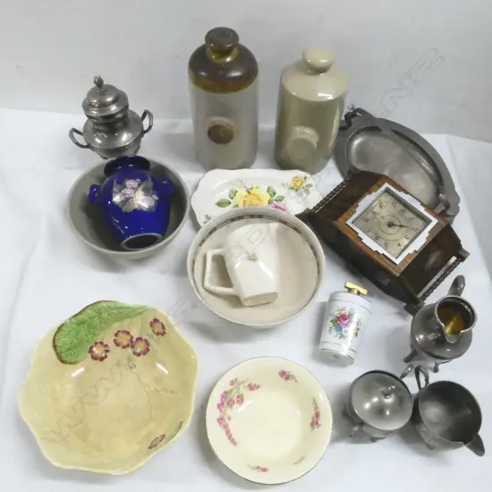 ASST. CHINA INCL. CELADON BOWL 200mm dia, CERAMIC HOT WATER BOTTLES, CLOCK, EP ETC