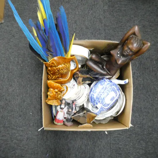 ASST. SAUCERS, SPODES ITALIAN TEA POT (LID AF), CARVED WOODEN FIGURE, FEATHERS ETC