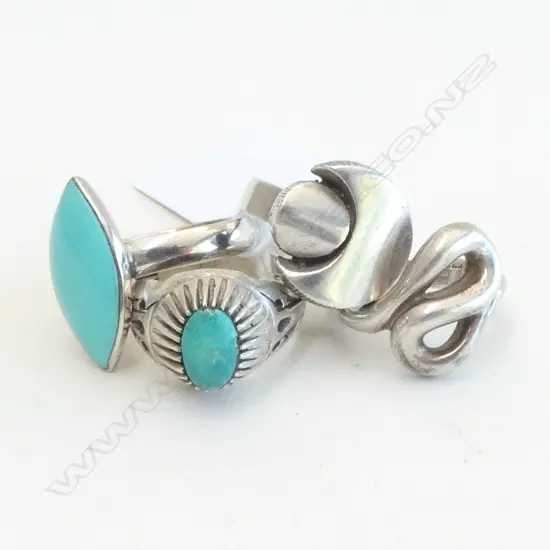 4 SILVER RINGS, 2 SET w TURQUOISE & SILVER RING STAMPED FINLAND w ASSAY MARKS