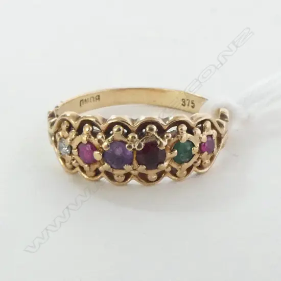 9ct BRIDGE RING, DIA. RUBY, EMERALD, SAPPH. GARNET & AMETHYST, 1.6gm SIZE K