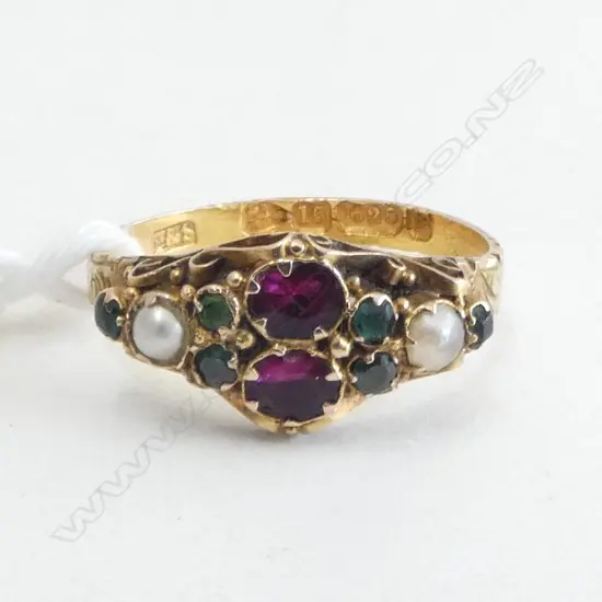15ct ANTIQUE GEORGIAN RUBY, EMERALD & PEARL RING, 1.8gm SIZE N