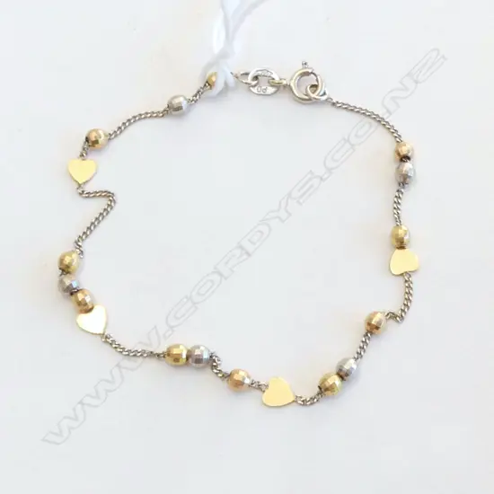 18ct GOLD BRACELET w BALLS & HEARTS, 165mm (sml)