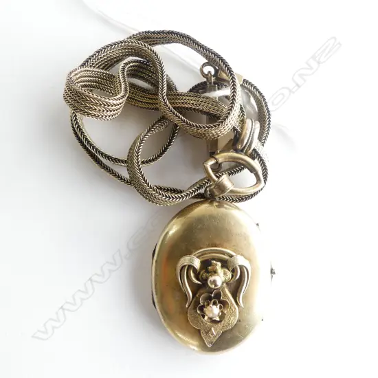 VICTORIAN SILVER GILT LOCKET w SEED PEARL DETAIL on MESH CHAIN