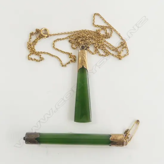 early 20THc 9ct GOLD MOUNTED POUNAMU PENDANT & BAR BROOCH w gold plate chain