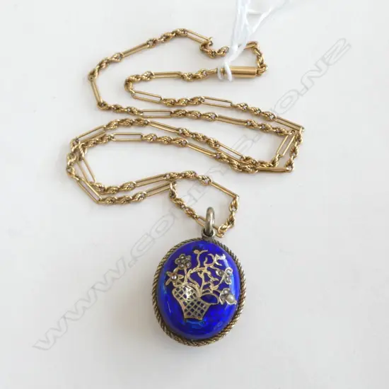 9ct GOLD ENAMEL LOCKET w old mine cut diamonds on an 18ct CHAIN (8gm) L.450mm 17gms total