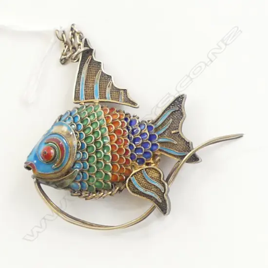 **RTV** CHINESE VINTAGE GOLD WASHED SILVER & coloured ENAMEL GOLDFISH PENDANT H.60mm