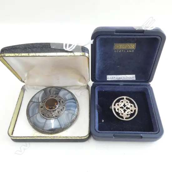 TWO SCOTISH BROOCHES, SILVER, AGATE & ORANGE STONE (CITRINE?)