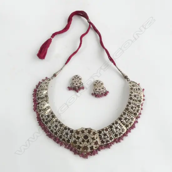 VINTAGE silver gilt ETHNIC NECKLACE & EARRING SET,  CLOISONNE & GARNET BEADS earrings with 9ct GOLD CLIPS