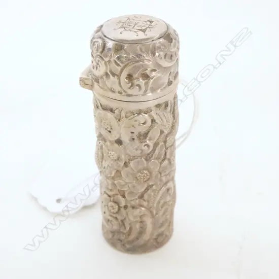 VICTORIAN SILVER CASED PERFUME BOTTLE heavily embossed with birds and flowers, H.70mm