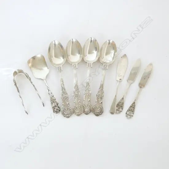 9 PCS 20thC SILVER; 4 SILVER TEASPOONS, 3 BUTTER KNIVES, SUGAR TONGS & OTHER, 173gms
