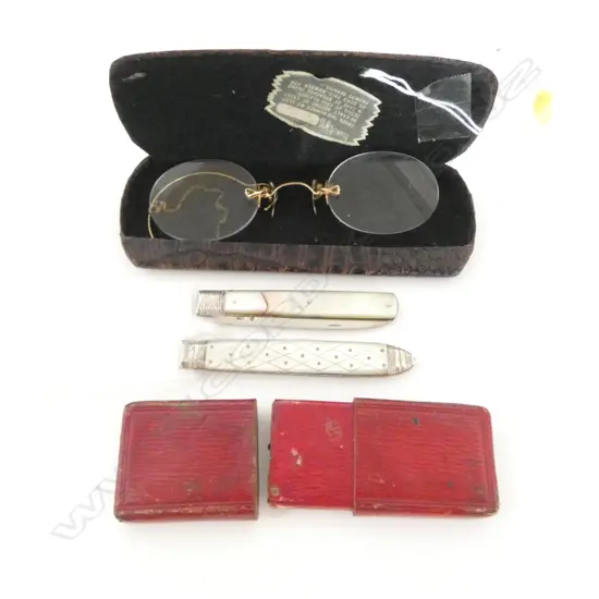 ANTIQUE GOLD FILLED PINCE-NEZ GLASSES in CASE & PR ANTIQUE SILVER & MOP POCKET KNIVES in ORIG. CASE