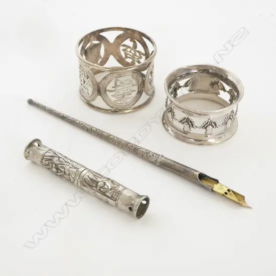 4 PCS SILVER; CHINESE & ENGLISH NAPKIN RINGS, NIBBED PEN & EMBOSSED CYLINDER CASE (56gm)