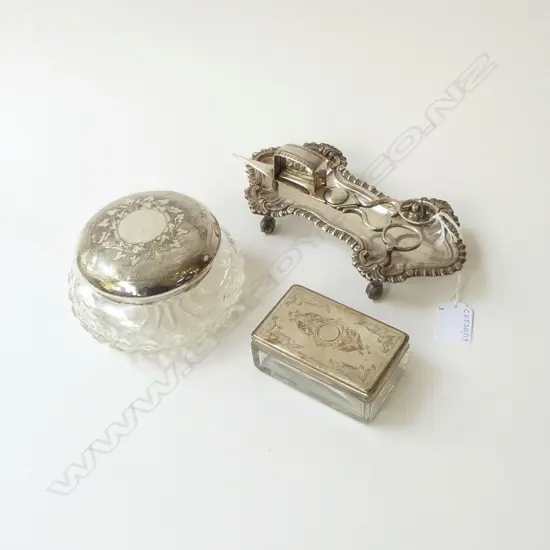 2 VICTORIAN TRINKET BOXES & CANDLE SNUFFER ON TRAY, SILVER PLATED