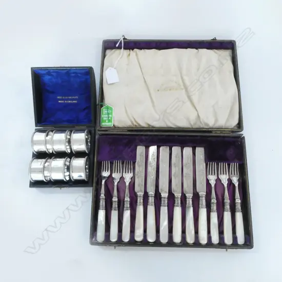 12 PCE CASED FRUIT SET, MoP HANDLES, STG TRIM + 6 EP NAPKIN RINGS, CASED