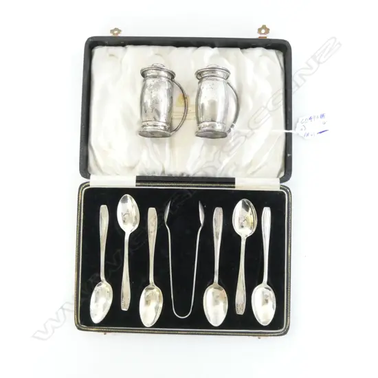 **RTV** 6 STG SILVER TEASPOONS + TONGS, CASED + PR CONDIMENTS 148grms total