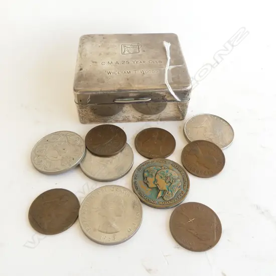 STG SILVER BOX, B'HAM 1955 + ASST. COINS