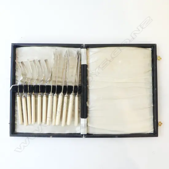 12 BOXED EP KNIVES & FORKS W. IVORY HANDLES