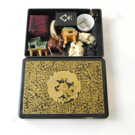 LAQUER BOX L200MM & 10 SMALL ORIENTAL COLLECTABLES