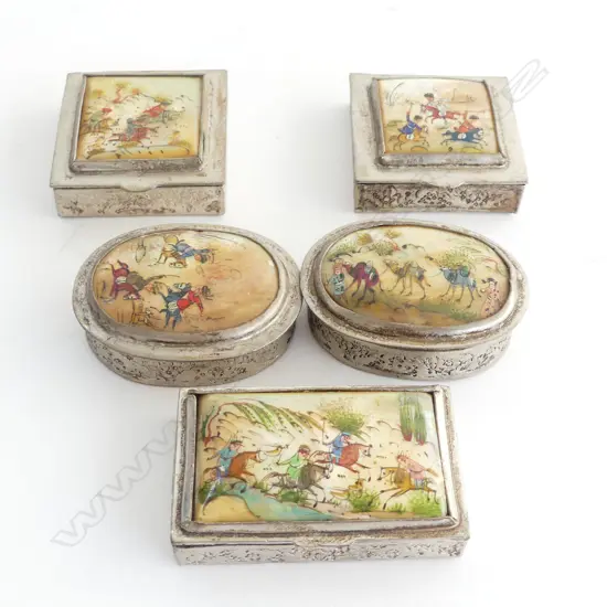 5 IRANIAN PILL BOXES; Hand painted miniatures on shell. W.60mm
