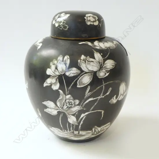 LRG PHOENIX WARE GINGER JAR, CRANE & FLOWER MOTIFS, H.240mm (21530)