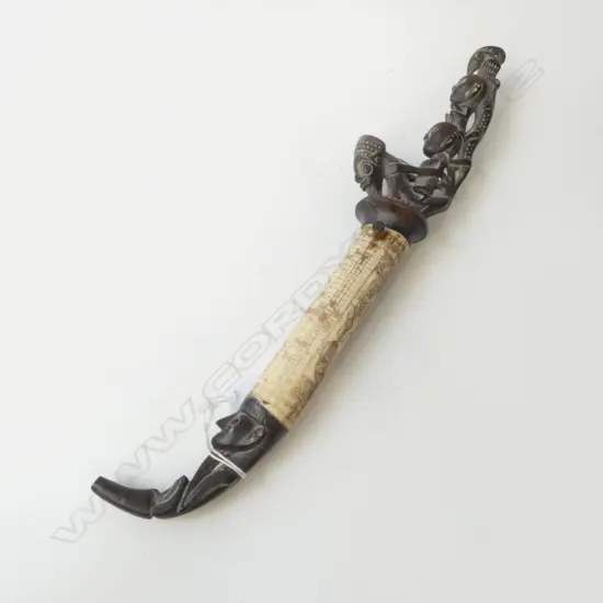 VINTAGE BATAK CARVED WOOD & BONE MEDICINE STICK w fine scrimshaw work (secured w recent pin)