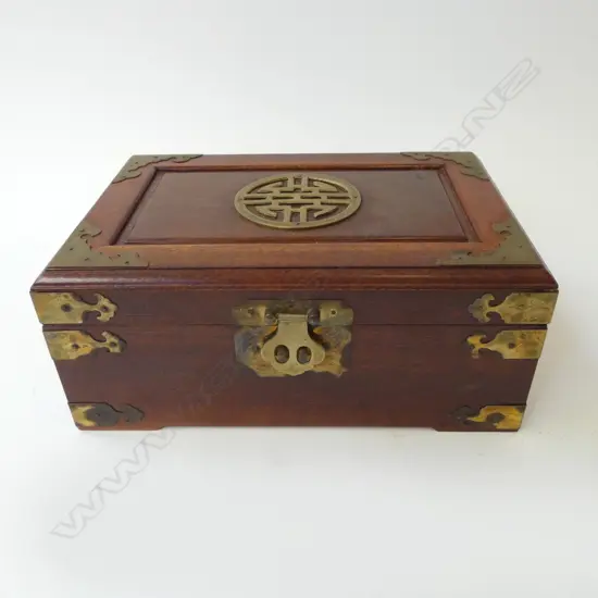 MAHOGANY & BRASS  CHINESE LIDDED JEWLERY BOX L300 DEPTH 200 H130MM