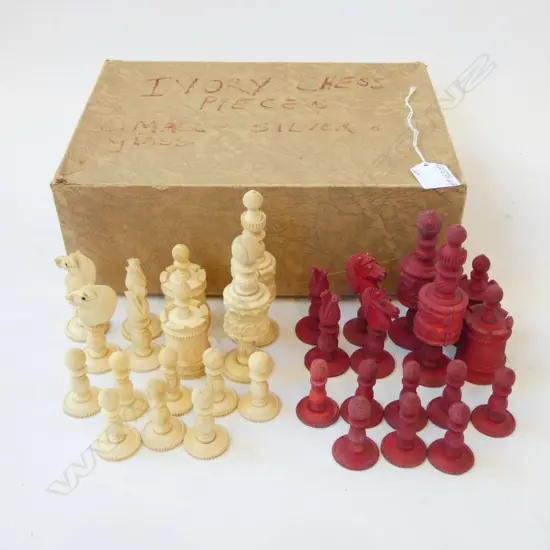VINTAGE CARVED & TURNED BONE CHESS SET half red stained probably 19thC
